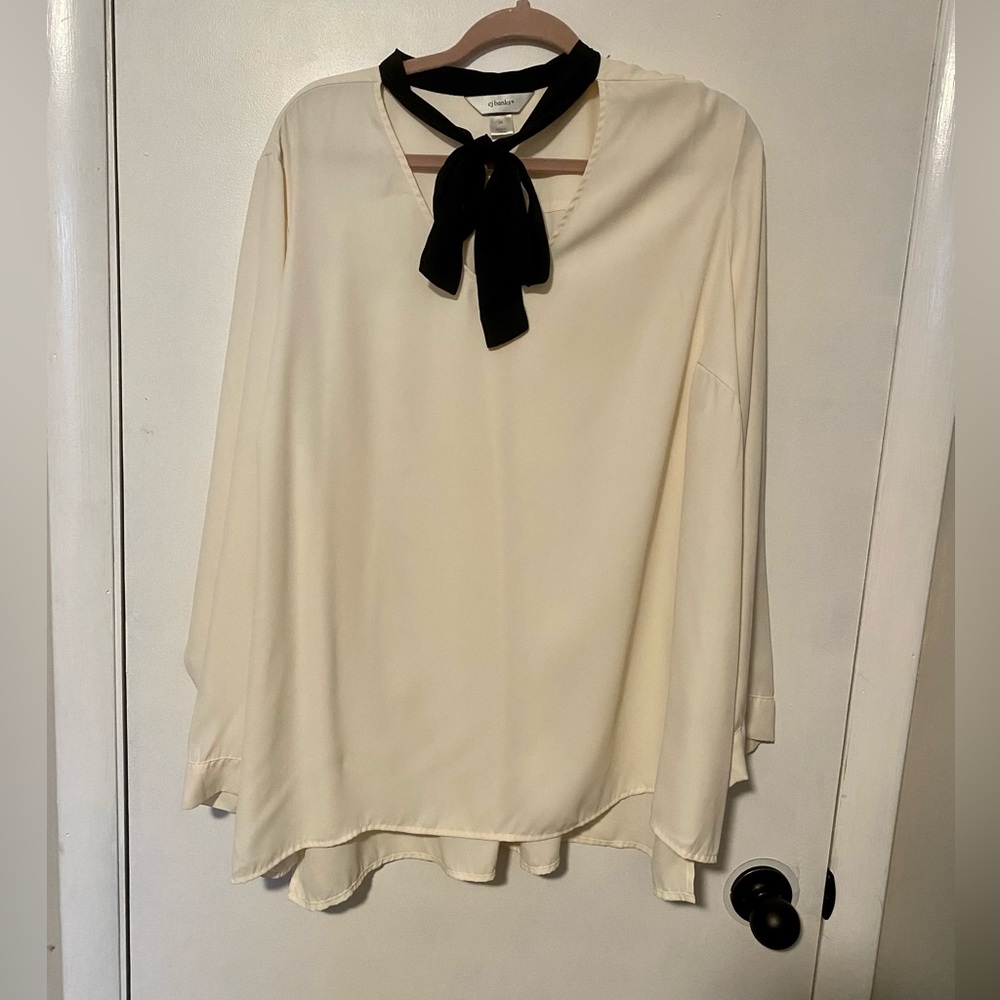 CJ Banks 3X Cream and Black Neck Tie Blouse.